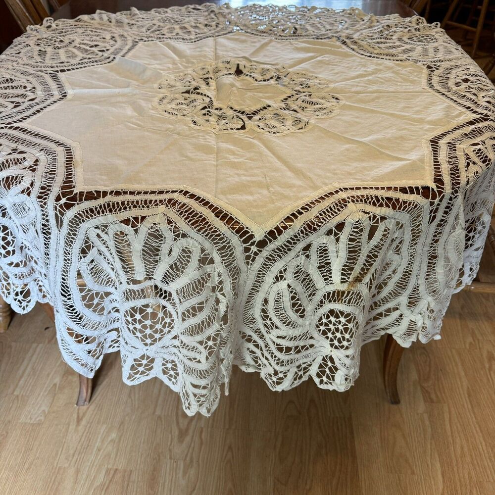 Antique Round Battenburg Lace And Cotton Star Hand Stitched 60” Diameter